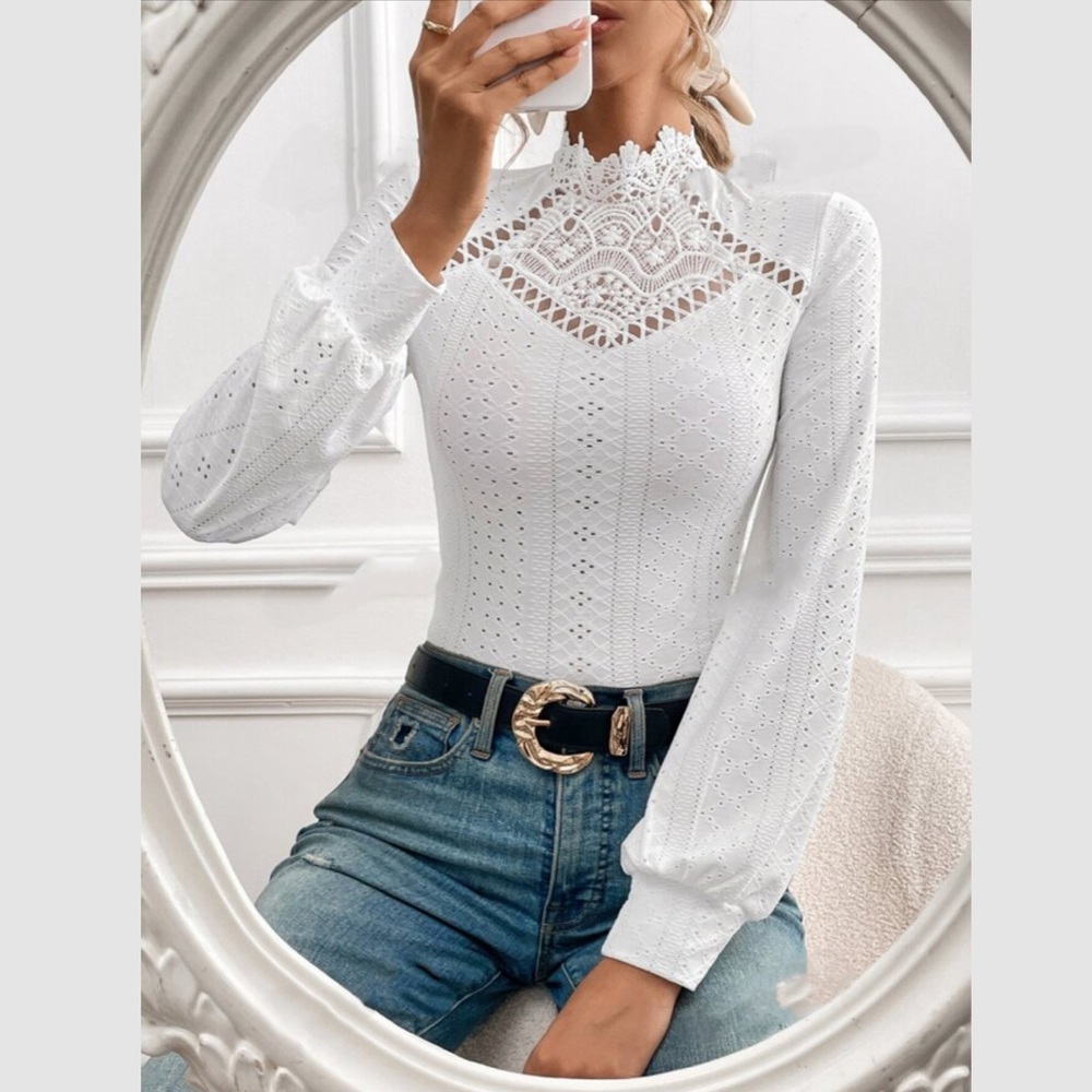Boho white  contrast lace long sleeve blouse